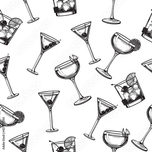 Cocktails seamless pattern alcoholic daiquiri, old fashioned, manhattan, martini, sidecar glass hand drawn engraving vector illustration. Isolated black and white vintage style	