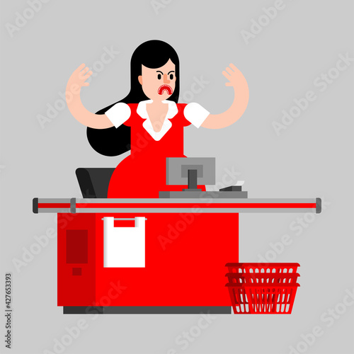 Angry cashier at checkout counter in supermarket