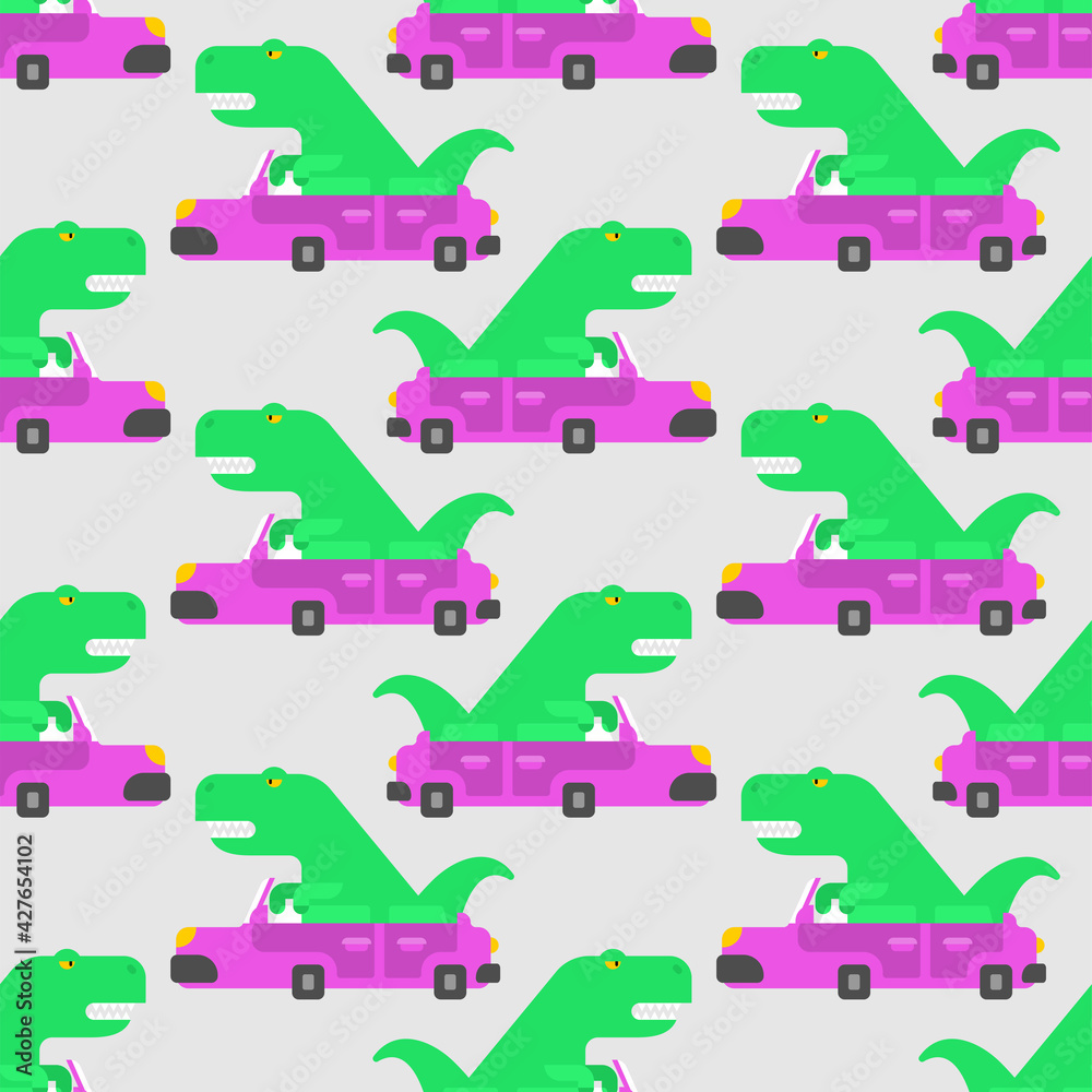 Dinosaur in car pattern seamless. Tyrannosaurus rides auto background. T-rex in vehicle texture. Baby fabric ornament