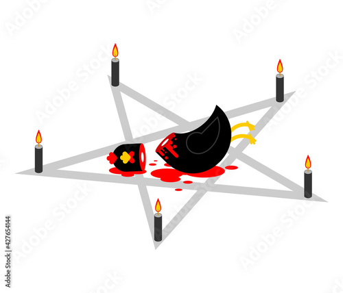 Sacrificial chicken and pentagram. Black Rooster sacrificed. Rite of dark magic sorcery