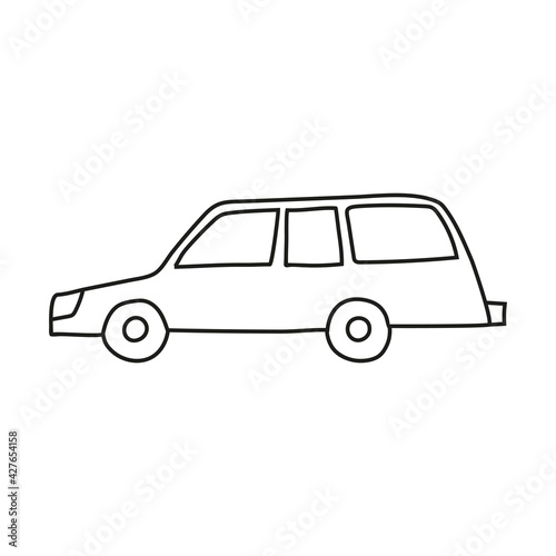 Hand drawn doodle car for coloring children book. Simple line, 2 - 4 age group. Big mashines, lorry, havy vehicle transport.