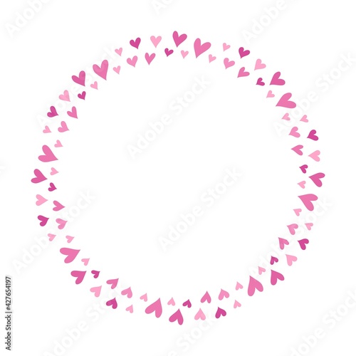 Hand drawn vector frame with pink hearts isolated on white background.
