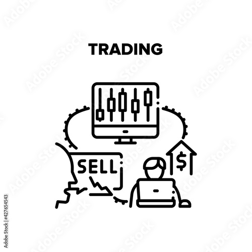Trading Business Vector Icon Concept. Trading Business Occupation For Buying And Selling On Stock Market, Businessman Researching Financial Graph And Data Analysis. Broker Working Black Illustration