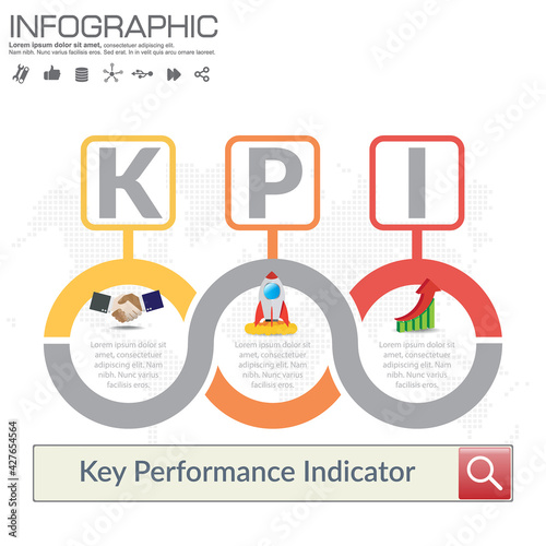 Infographic KPI concept with marketing icons. Key Performance Indicator can be used for workflow layout, diagram, report, web design. Business steps or processes concept with options.
