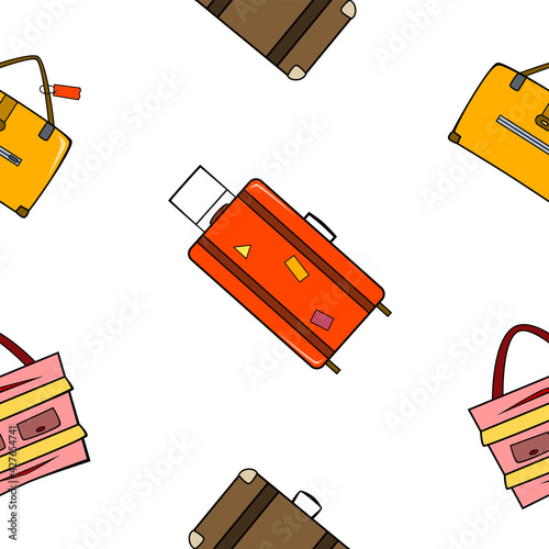 Seamless pattern with travel suitcases and bags in cartoon style on white background.