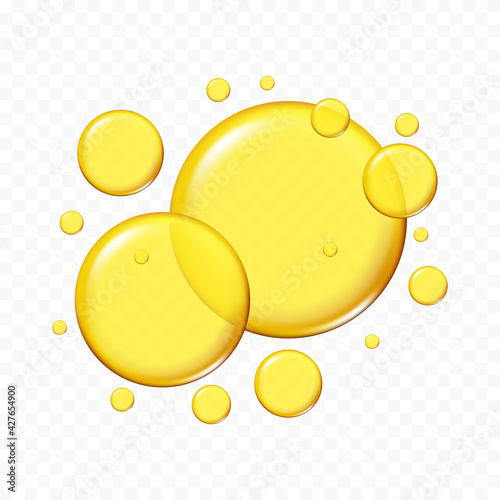 Golden, yellow oil drops, bubbles vector illustration on transparent background