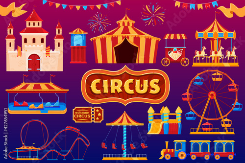 Circus icons, amusement park carnival, fairground festival isolated set, vector illustration
