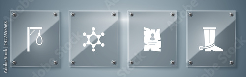Set Cowboy boot, Wanted western poster, Hexagram sheriff and Gallows. Square glass panels. Vector