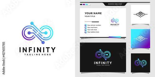 Infinity logo with gradient tech style and business card design. Infinity technology logo. Premium Vector