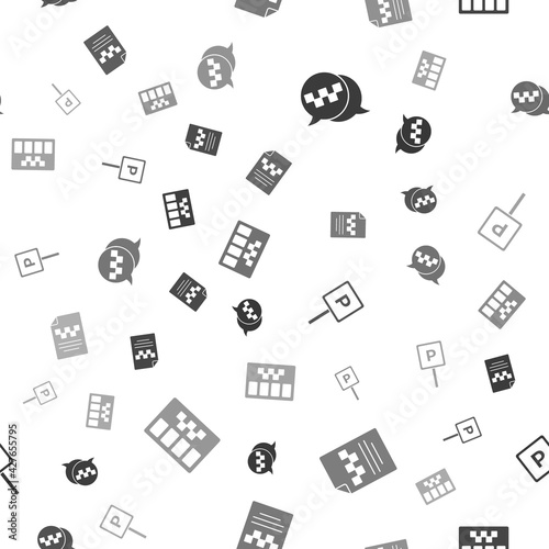 Set Taxi call telephone service, driver license, Parking and Taximeter on seamless pattern. Vector