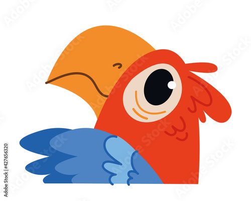 Cute baby red parrot macaw. Wild African bird avatar. Portrait illustration isolated on white. Design for baby print boy and girl, postcard, clothes, banner clipart fun