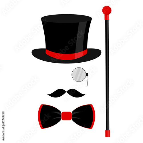 Black top hat, bow tie, monocle, and mustache. Fashionable vector illustration on white background for gift card, certificate, banner, logo.