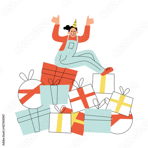 Birthday girl sitting on the pile of gifts. Flat style vector illustration of happy character with a lot of present boxes