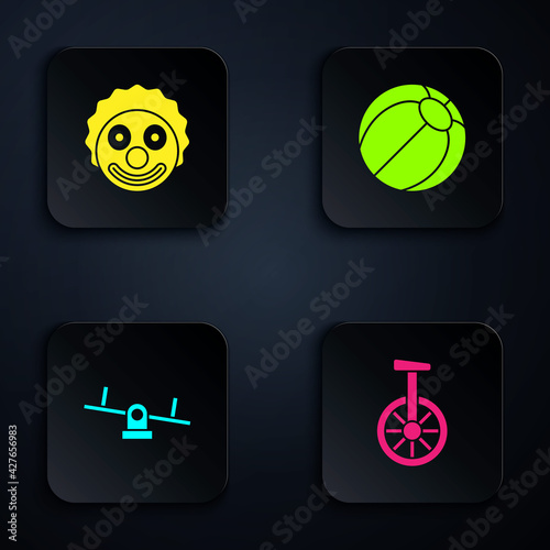 Set Unicycle or one wheel bicycle, Clown head, Seesaw and Beach ball. Black square button. Vector