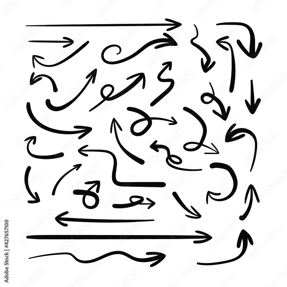 Vector set of arrows, black ink paintings isoalted on white background, drawings set, directional signs.
Vector set of arrows, black ink paintings isoalted on white background, drawings set, directional signs.