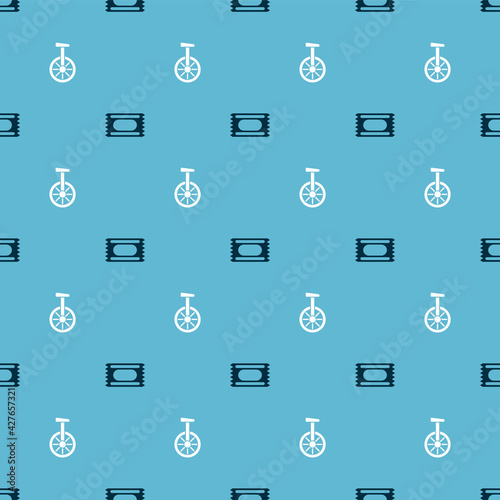 Set Circus ticket and Unicycle or one wheel bicycle on seamless pattern. Vector