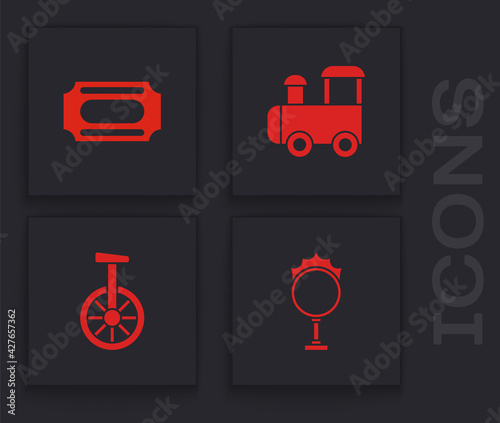 Set Circus fire hoop, ticket, Toy train and Unicycle or one wheel bicycle icon. Vector