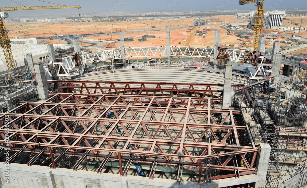 Steel Structural works for construction works. a new civil construction site Building in Oman. Oman city. Muscat, Oman 