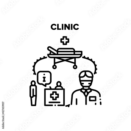 Clinic Treatment Vector Icon Concept. Hospital Reception For Information, Stretcher For Transportation Patient And Doctor For Treat Illness Or Make Operation, Clinic Treatment. Black Illustration