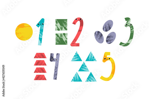 Cute number characters: one, two, three, four, five. Geometric figures: circle, square, oval, trapezoid, triangle. Funny mathematics for kids. Math symbol with smiling face. Vector flat cartoon style
