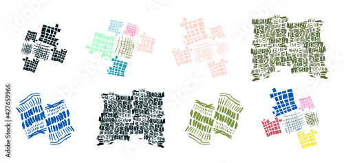 Abstract urban artwork. Geometric puzzle mosaic, urban area city project inspired pattern graphic design. Ink brush strokes pattern. Hand painted hand drawn organic dwelling. Printmaking art print