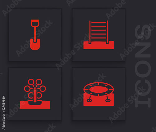 Set Jumping trampoline, Shovel toy, Swedish wall and Ferris wheel icon. Vector
