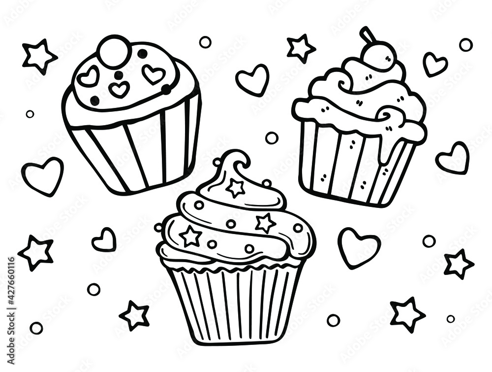 Cupcake cakes cheesecakes with cream, stars and hearts decor.Vector Cartoon Silhouette Outline Black Line Art Drawing illustration.Plotter cutting.Vinyl wall sticker.Laser cut.Coloring pages for kids. Cupcake cakes cheesecakes with cream, stars and hearts decor.Vector Cartoon Silhouette Outline Black Line Art Drawing illustration.Plotter cutting.Vinyl wall sticker.Laser cut.Coloring pages for kids.