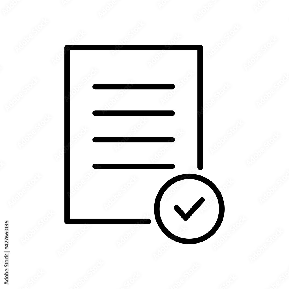Check mark line document icon. Confirmed information. Quality control concept. Approve linear symbol. Check list vector illustration. Isolated on white. Check mark line document icon. Confirmed information. Quality control concept. Approve linear symbol. Check list vector illustration. Isolated on white.