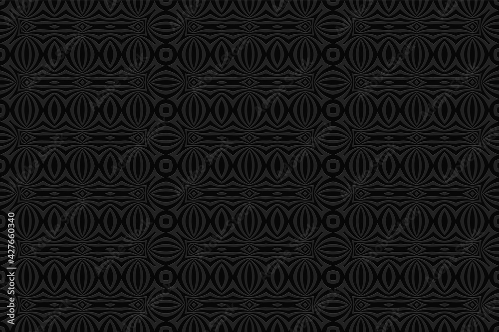 Geometric volumetric convex black background. Ethnic African, Mexican, Indian motives. 3d wallpaper, embossed pattern.