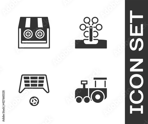 Set Toy train, Shooting gallery, Soccer goal with ball and Ferris wheel icon. Vector