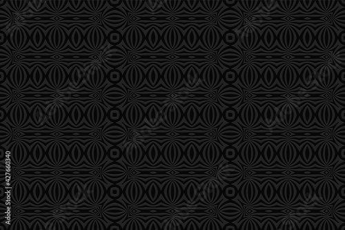 Geometric volumetric convex black background. Ethnic African, Mexican, Indian motives. 3d wallpaper, embossed pattern.