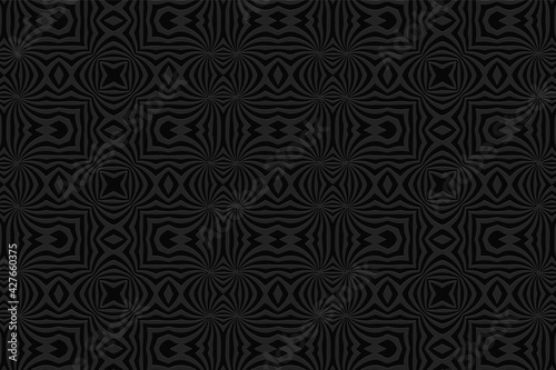 Geometric volumetric convex abstract black background. Ethnic African, Mexican, Indian motives. 3d wallpaper, embossed pattern.