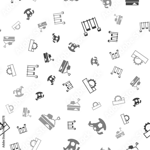 Set Double swing, Horse saddle, Ferris wheel and Sandbox with sand on seamless pattern. Vector