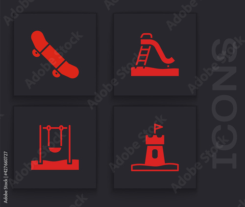 Set Sand tower, Skateboard trick, Kid slide and Swing icon. Vector