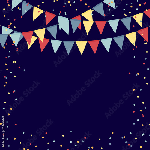 Party holiday abstract background template with flag garlands and confetti. Vector illustration