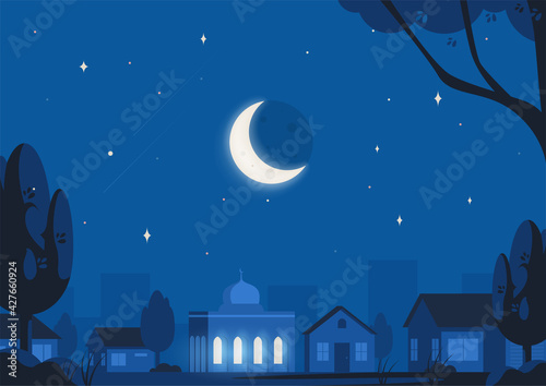 Mosque at night in blue background color with luminous crescent, starry sky, houses, buildings, trees, leaves. Landscape Illustration of Ramadan Night for Islamic or Muslim festivities