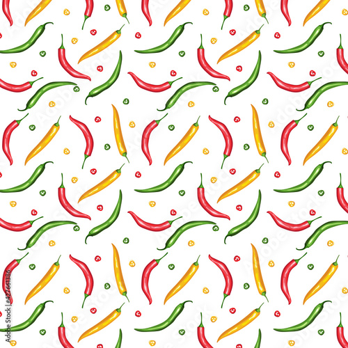 Chili vector colorful, hand drawing , seamless pattern.