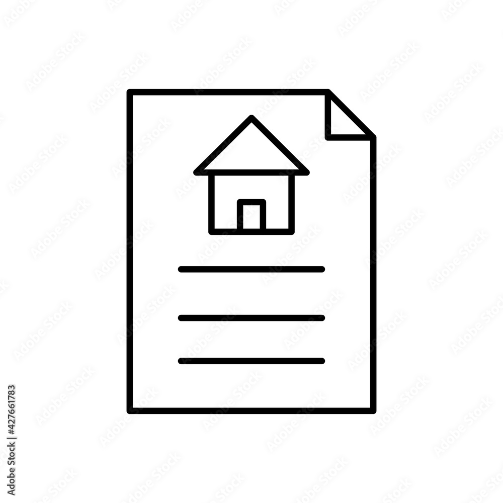 Document with house outline icon. Property line documents. Real estate contract information. Mortgage concept. Vector isolated on white