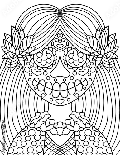 Smiling skeleton girl with long hair and flower coloring page stock vector illustration. Traditional Mexican Dia de Muertos skull symmetry black linear illustration. Happy skeleton girl portrait