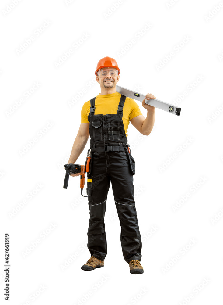 happy worker repairman or builder with construction tool happy worker repairman or builder with construction tool
