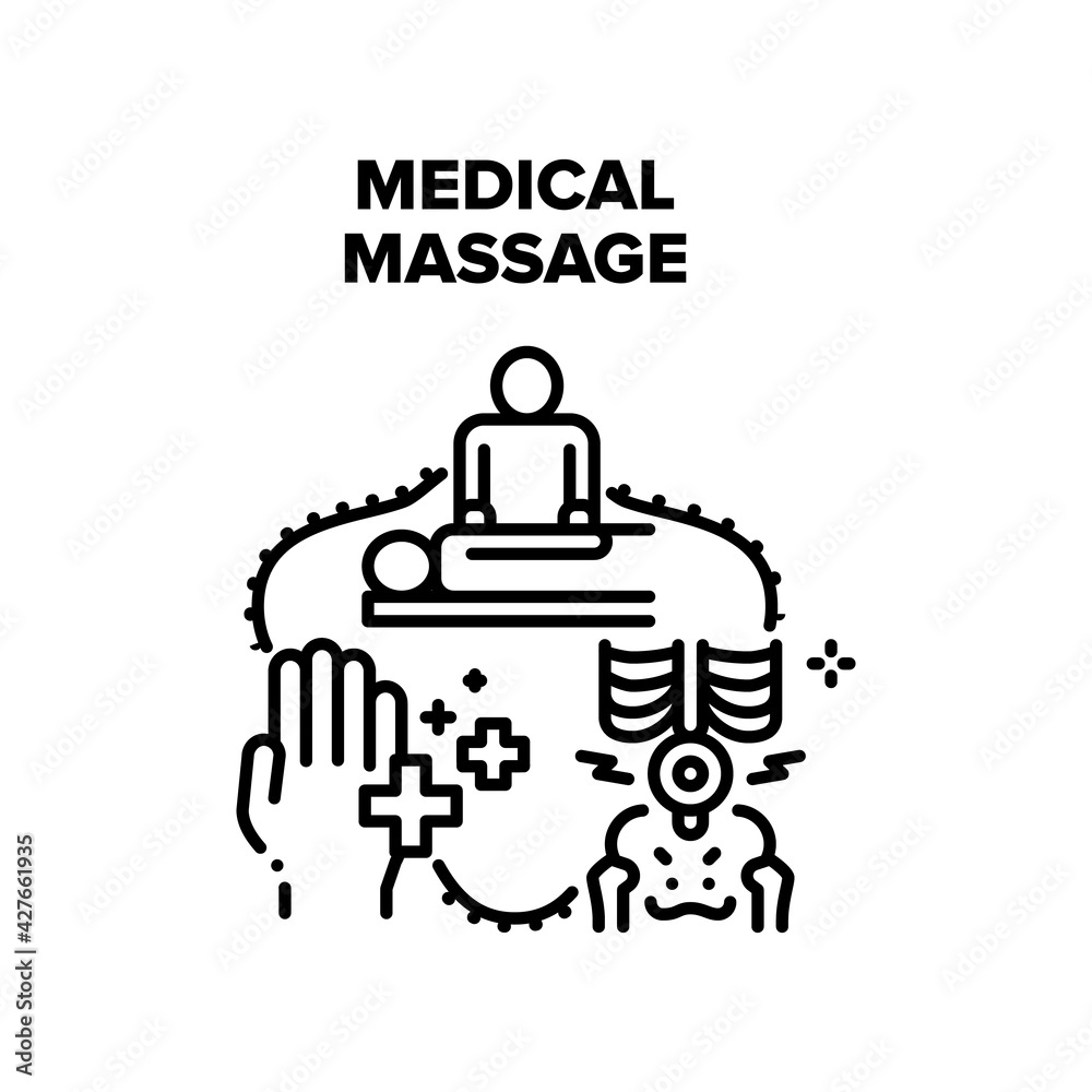 Medical Massage Vector Icon Concept. Medical Massage Make Masseur And Massaging Patient Hand Or Bone Treatment. Pain Treat Professional Occupation Or Relaxation In Clinic Cabinet Black Illustration