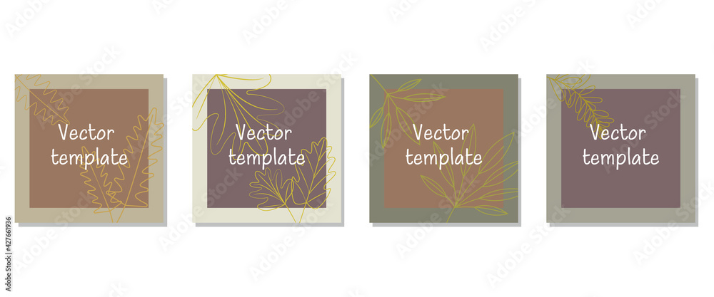 Vector design square templates in simple modern style with copy space for text, flowers and leaves.Natural concept template. Vector illustration. リーフテンプレート、秋のスクエアテンプレート、ナチュラルテンプレートデザイン