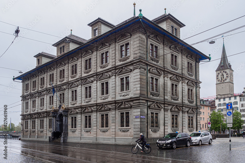 Switzerland, Zurich - November, 2020 - Old Town Hall by The River Limmat