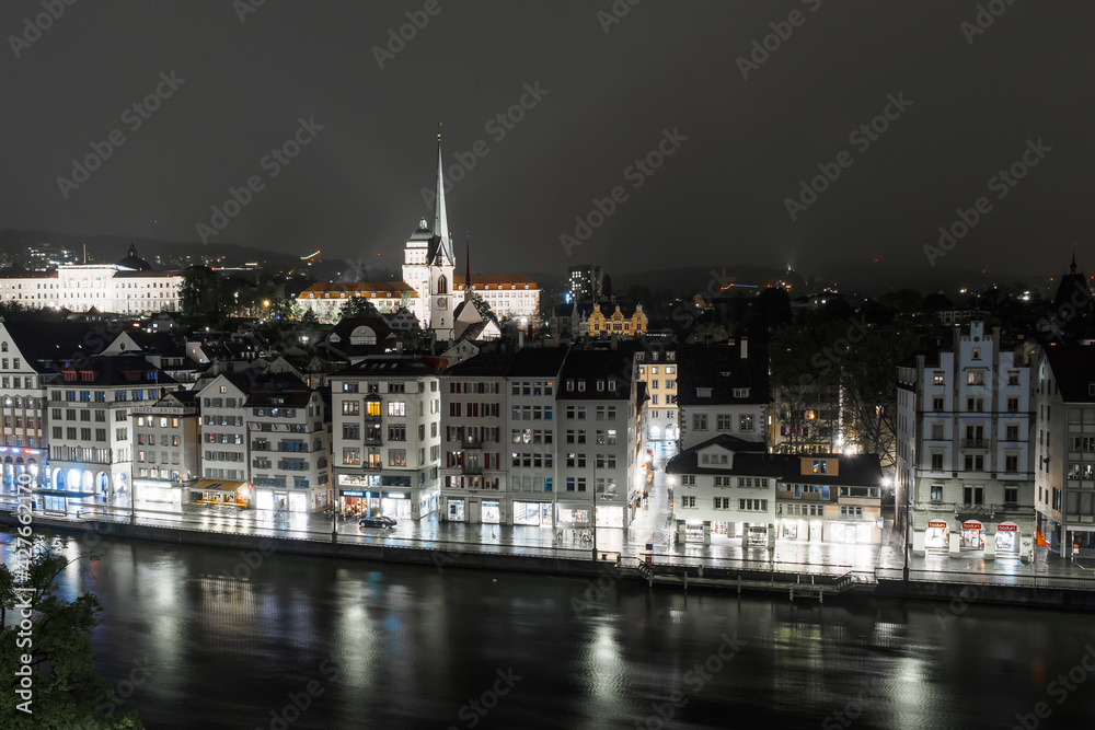 Zurich on banks of Limmat river at evening, Switzerland
