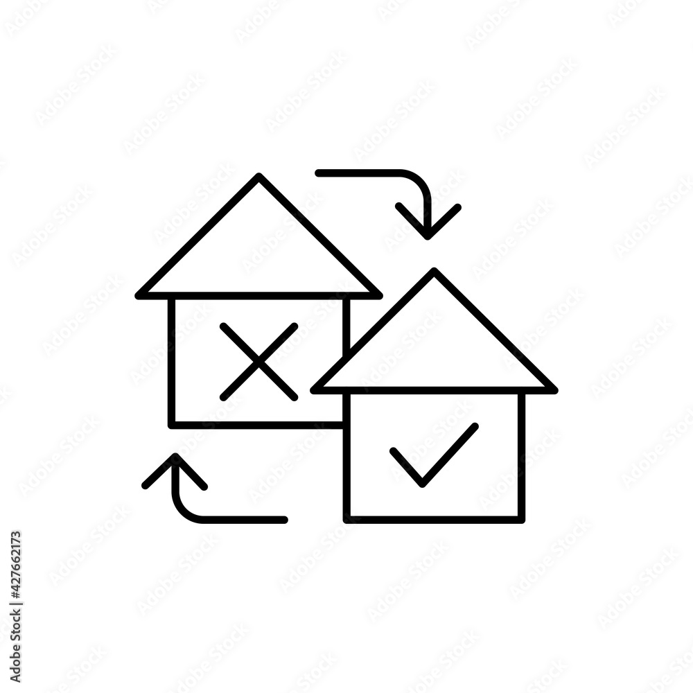 House with check mark Yes and No icon. Mortgage linear sign. Approval and rejection apartment symbol. Residential and non residential real estate concept. Vector isolated on white. House with check mark Yes and No icon. Mortgage linear sign. Approval and rejection apartment symbol. Residential and non residential real estate concept. Vector isolated on white.
