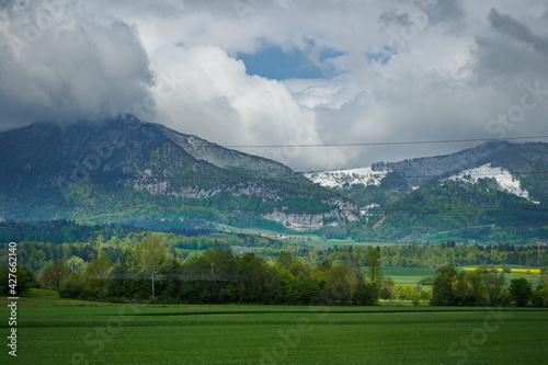View through the train window to the Swiss mountains, Switzerland