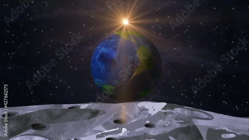 Earth Rotation in Universe as seen from moon's surface and sun glowing behind photo
