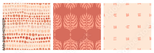 Set of abstract minimalist seamless boho patterns with hand drawn dots and leaves in a mid century style in a natural earthy palette. Modern aesthetic background with trendy design for wallpaper.