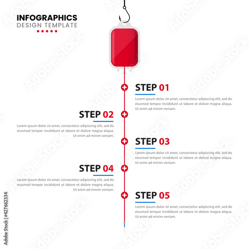 Infographic design template. Blood donation concept with 5 steps