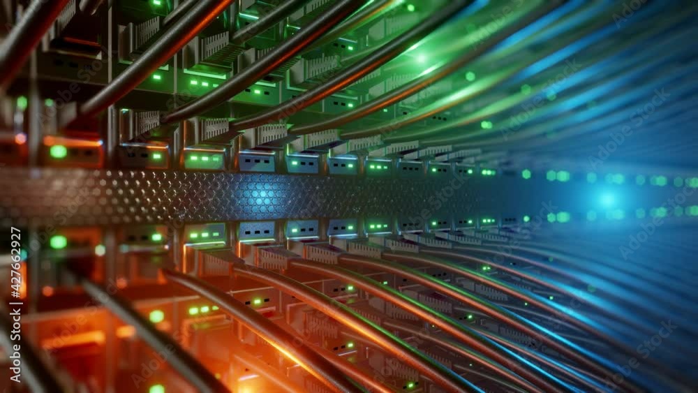 Close-up view of modern internet network switch with plugged ethernet cables. Blinking green lights on internet server. 4k 3d endless loop. Close-up view of modern internet network switch with plugged ethernet cables. Blinking green lights on internet server. 4k 3d endless loop.